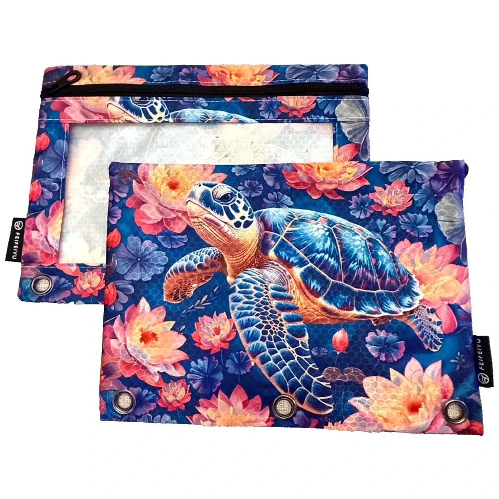 SEA TURTLES 2 Pcs Zipper PENCIL BAG Pouch 3-Ring Binder with Clear Window